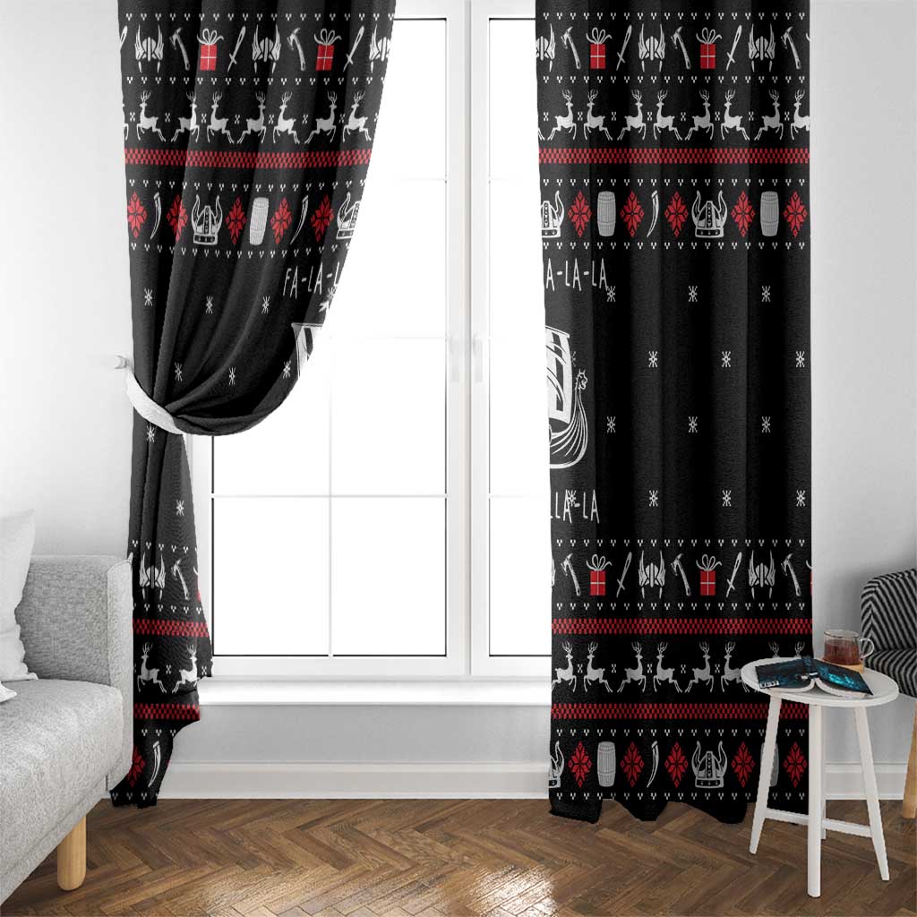 Viking Christmas Window Curtain with Fa La La La La Valhalla Quote and Longship Nordic Pattern - Wonder Print Shop