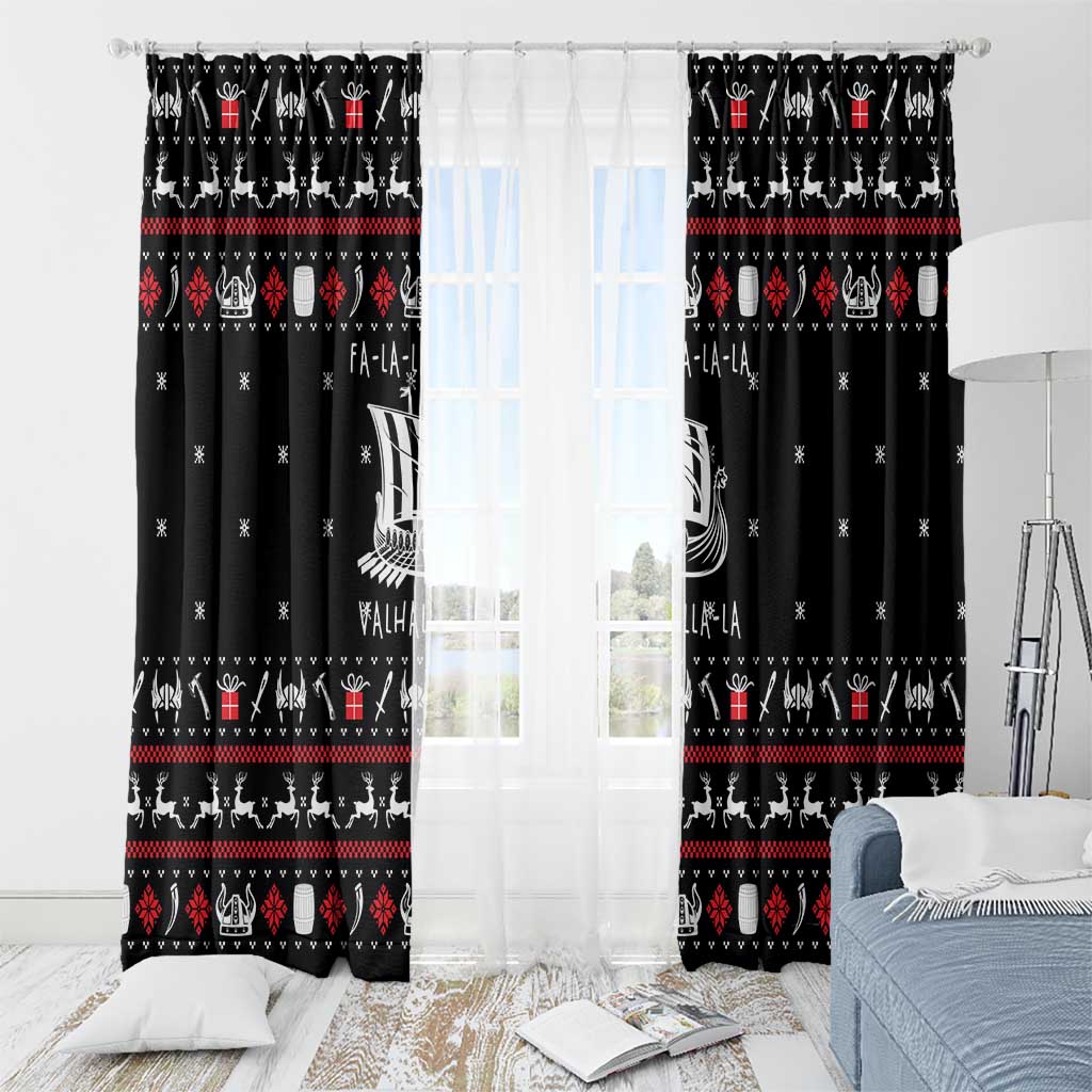 Viking Christmas Window Curtain with Fa La La La La Valhalla Quote and Longship Nordic Pattern - Wonder Print Shop