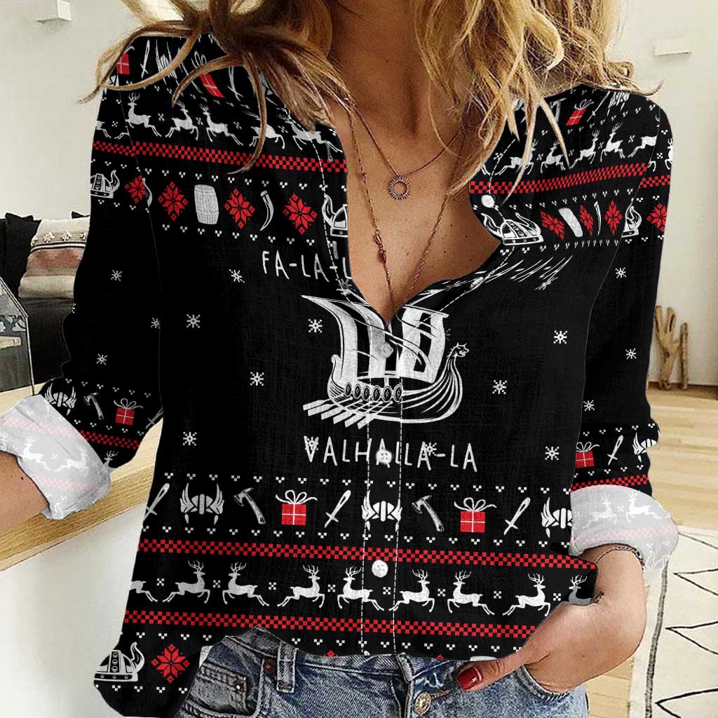 Viking Christmas Women Casual Shirt with Fa La La La La Valhalla Quote and Longship Nordic Pattern - Wonder Print Shop