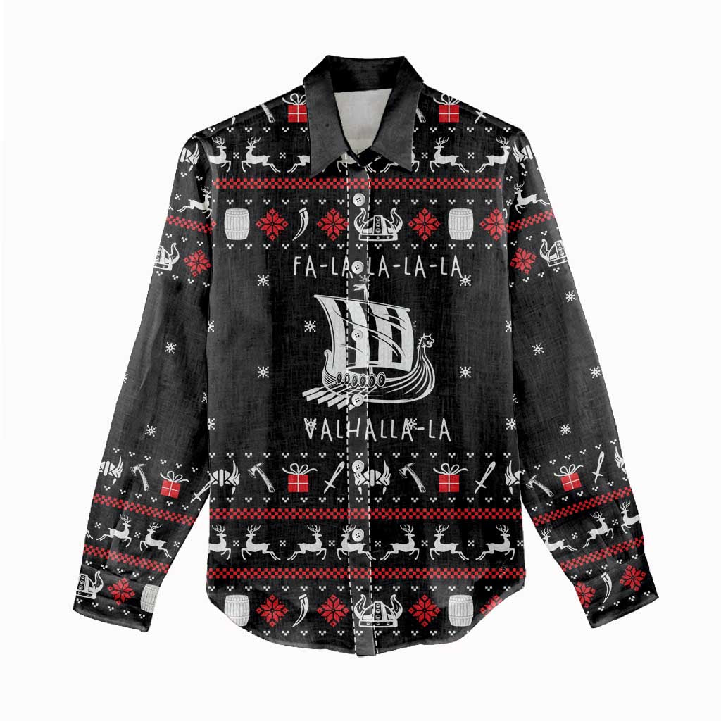 Viking Christmas Women Casual Shirt with Fa La La La La Valhalla Quote and Longship Nordic Pattern - Wonder Print Shop