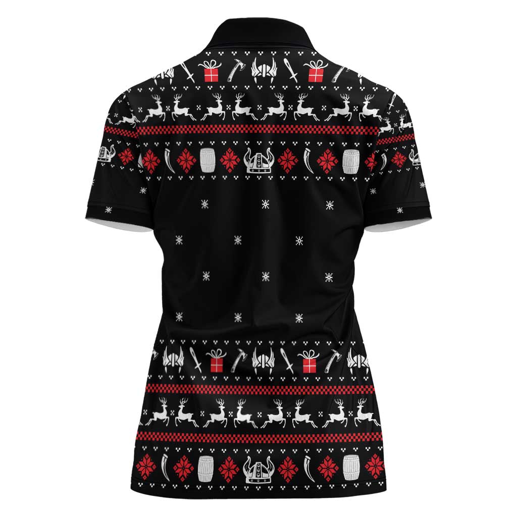 Viking Christmas Women Polo Shirt with Fa La La La La Valhalla Quote and Longship Nordic Pattern - Wonder Print Shop