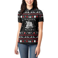 Viking Christmas Women Polo Shirt with Fa La La La La Valhalla Quote and Longship Nordic Pattern - Wonder Print Shop