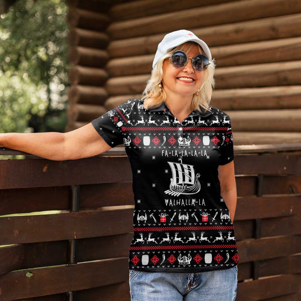 Viking Christmas Women Polo Shirt with Fa La La La La Valhalla Quote and Longship Nordic Pattern - Wonder Print Shop