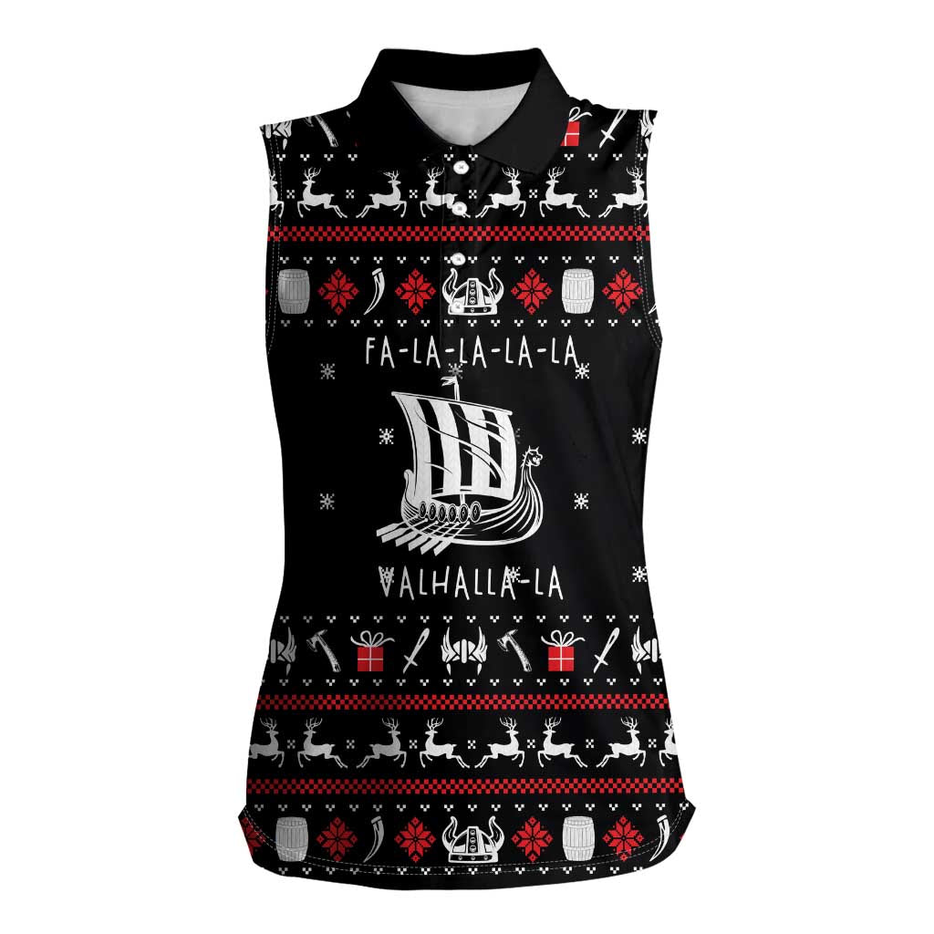 Viking Christmas Women Sleeveless Polo Shirt with Fa La La La La Valhalla Quote and Longship Nordic Pattern - Wonder Print Shop