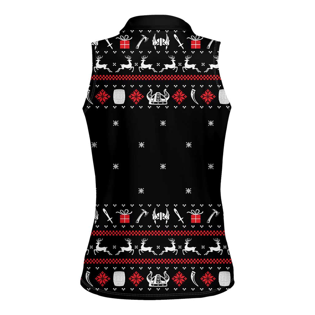 Viking Christmas Women Sleeveless Polo Shirt with Fa La La La La Valhalla Quote and Longship Nordic Pattern - Wonder Print Shop