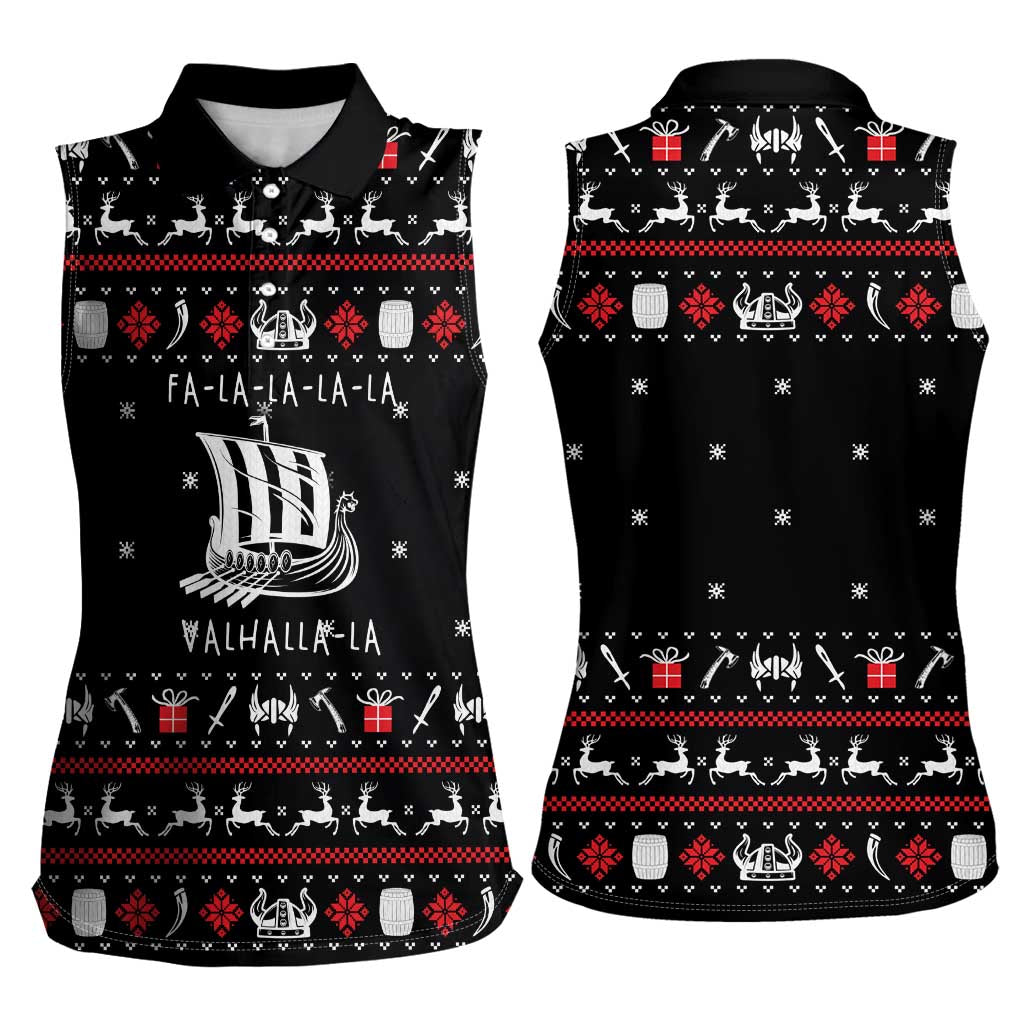 Viking Christmas Women Sleeveless Polo Shirt with Fa La La La La Valhalla Quote and Longship Nordic Pattern - Wonder Print Shop