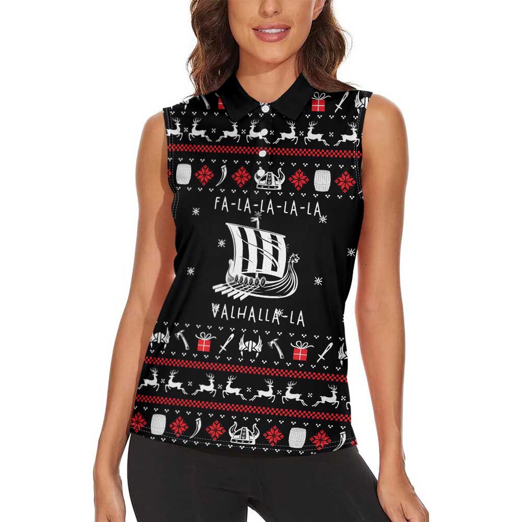 Viking Christmas Women Sleeveless Polo Shirt with Fa La La La La Valhalla Quote and Longship Nordic Pattern - Wonder Print Shop