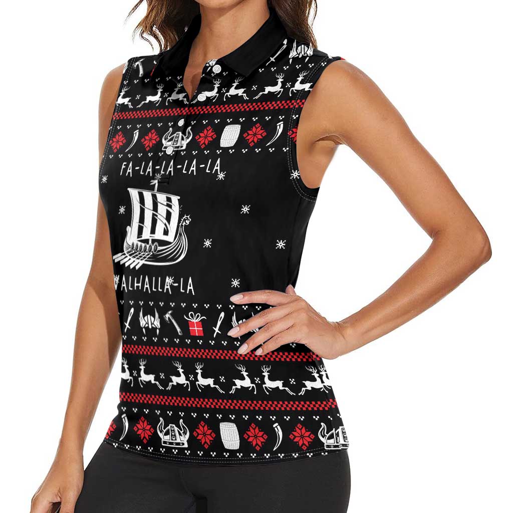 Viking Christmas Women Sleeveless Polo Shirt with Fa La La La La Valhalla Quote and Longship Nordic Pattern - Wonder Print Shop