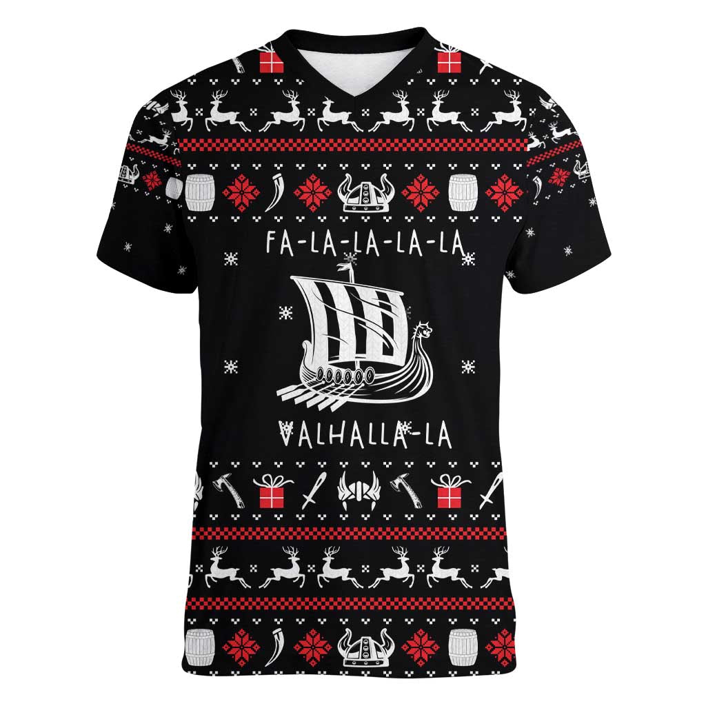 Viking Christmas Women V-Neck T-Shirt with Fa La La La La Valhalla Quote and Longship Nordic Pattern - Wonder Print Shop