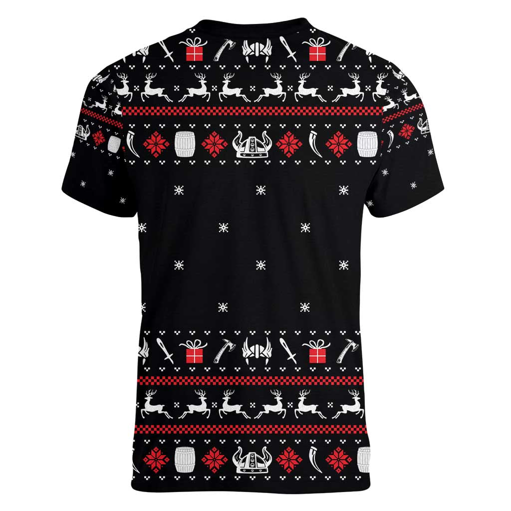 Viking Christmas Women V-Neck T-Shirt with Fa La La La La Valhalla Quote and Longship Nordic Pattern - Wonder Print Shop