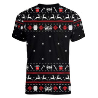 Viking Christmas Women V-Neck T-Shirt with Fa La La La La Valhalla Quote and Longship Nordic Pattern - Wonder Print Shop