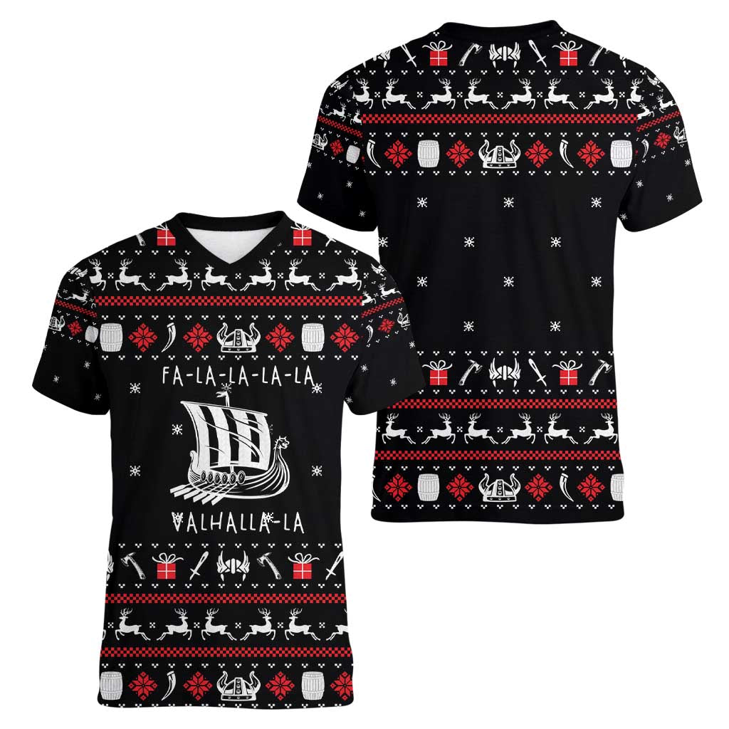 Viking Christmas Women V-Neck T-Shirt with Fa La La La La Valhalla Quote and Longship Nordic Pattern - Wonder Print Shop