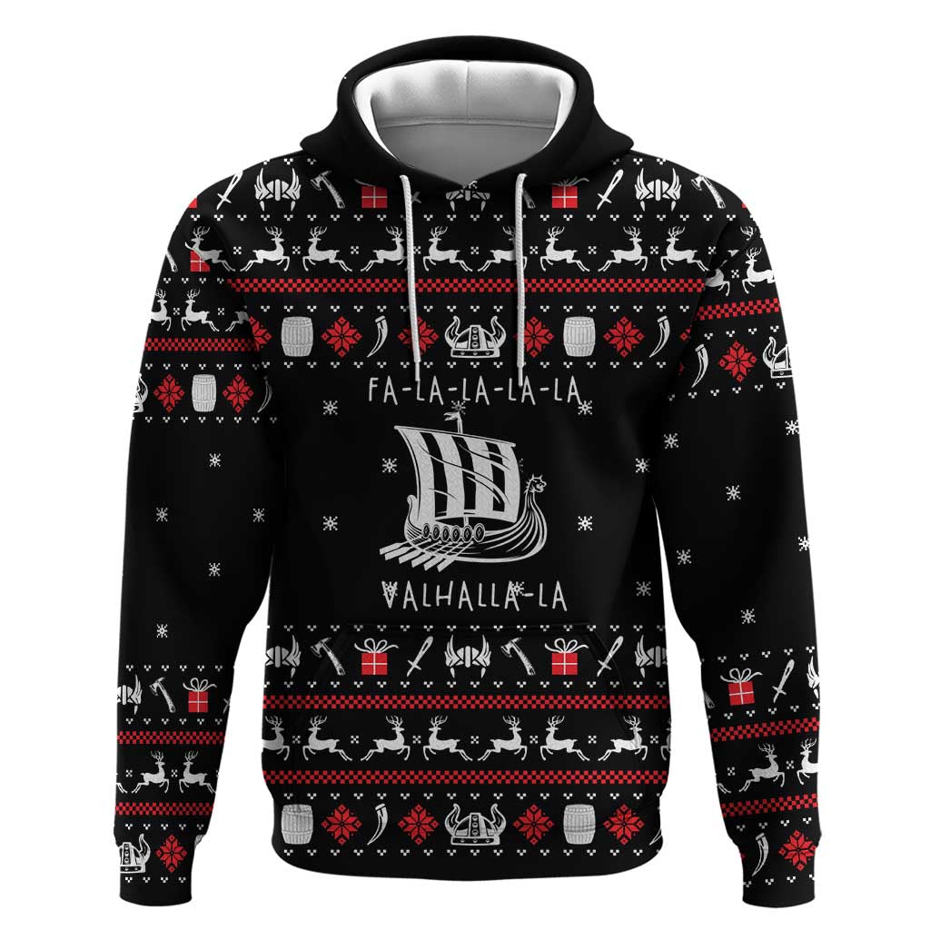 Viking Christmas Zip Hoodie with Fa La La La La Valhalla Quote and Longship Nordic Pattern - Wonder Print Shop