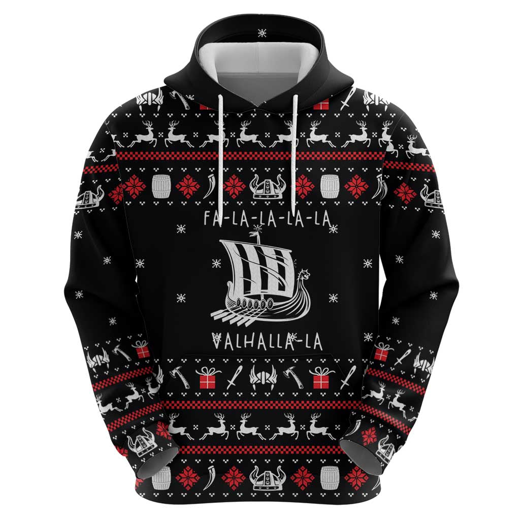 Viking Christmas Zip Hoodie with Fa La La La La Valhalla Quote and Longship Nordic Pattern - Wonder Print Shop