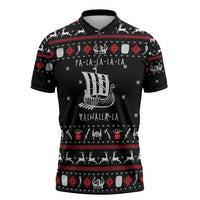 Viking Christmas Zipper Polo Shirt with Fa La La La La Valhalla Quote and Longship Nordic Pattern - Wonder Print Shop