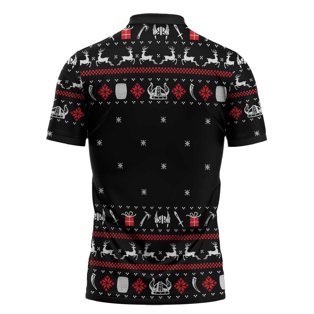 Viking Christmas Zipper Polo Shirt with Fa La La La La Valhalla Quote and Longship Nordic Pattern - Wonder Print Shop