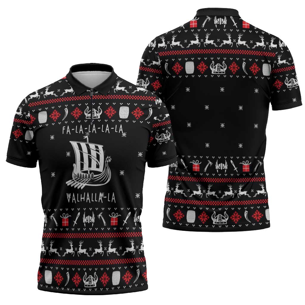 Viking Christmas Zipper Polo Shirt with Fa La La La La Valhalla Quote and Longship Nordic Pattern - Wonder Print Shop