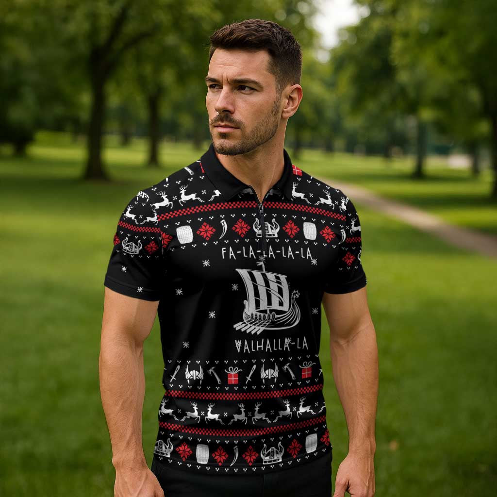 Viking Christmas Zipper Polo Shirt with Fa La La La La Valhalla Quote and Longship Nordic Pattern - Wonder Print Shop