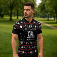 Viking Christmas Zipper Polo Shirt with Fa La La La La Valhalla Quote and Longship Nordic Pattern - Wonder Print Shop