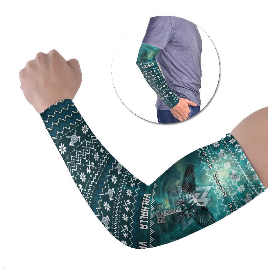 Viking Valhalla Christmas Arm Sleeves with Norse Symbols Raven and Fa La La La Design - Wonder Print Shop