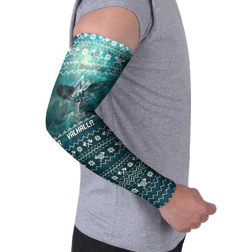 Viking Valhalla Christmas Arm Sleeves with Norse Symbols Raven and Fa La La La Design - Wonder Print Shop