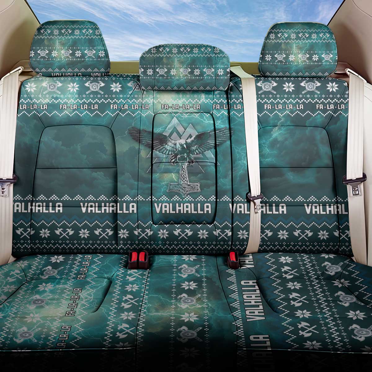 Viking Valhalla Christmas Back Car Seat Cover with Norse Symbols Raven and Fa La La La Design - Wonder Print Shop