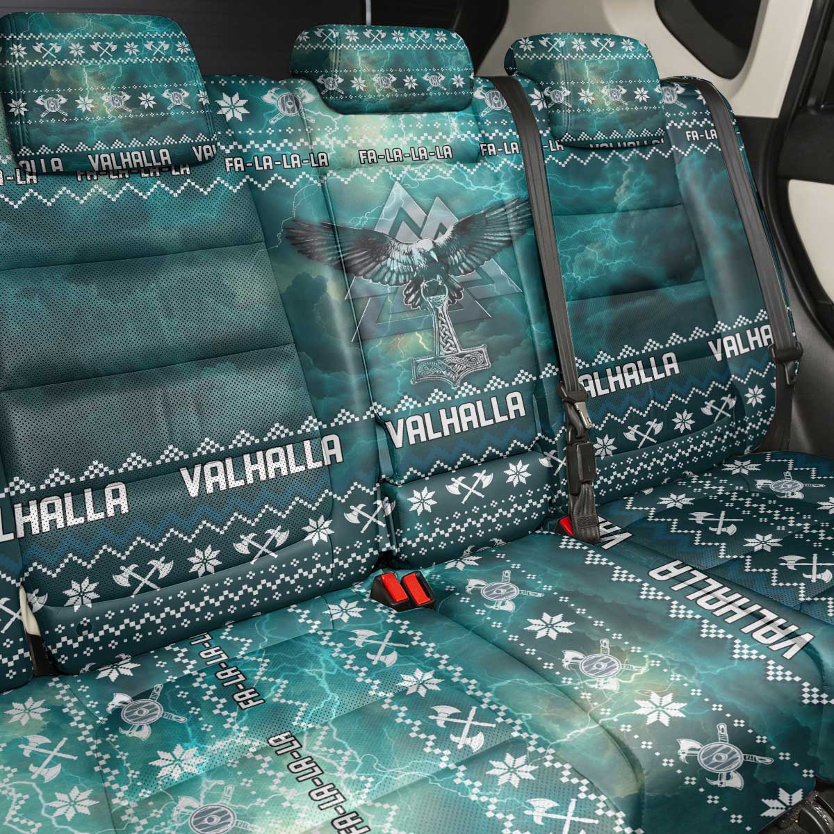 Viking Valhalla Christmas Back Car Seat Cover with Norse Symbols Raven and Fa La La La Design - Wonder Print Shop