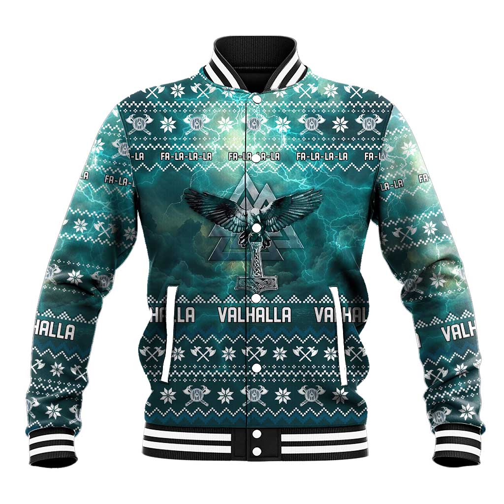Viking Valhalla Christmas Baseball Jacket with Norse Symbols Raven and Fa La La La Design - Wonder Print Shop