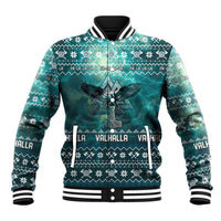 Viking Valhalla Christmas Baseball Jacket with Norse Symbols Raven and Fa La La La Design - Wonder Print Shop