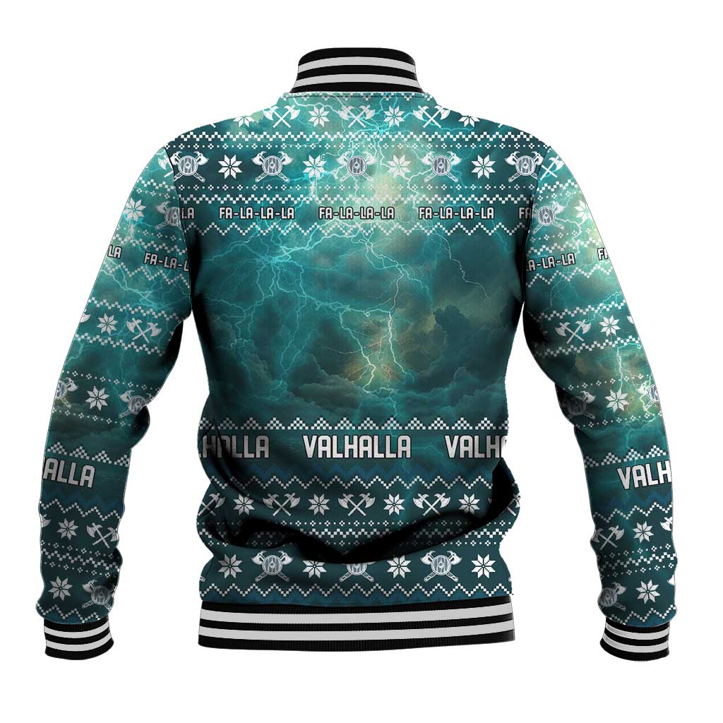 Viking Valhalla Christmas Baseball Jacket with Norse Symbols Raven and Fa La La La Design - Wonder Print Shop