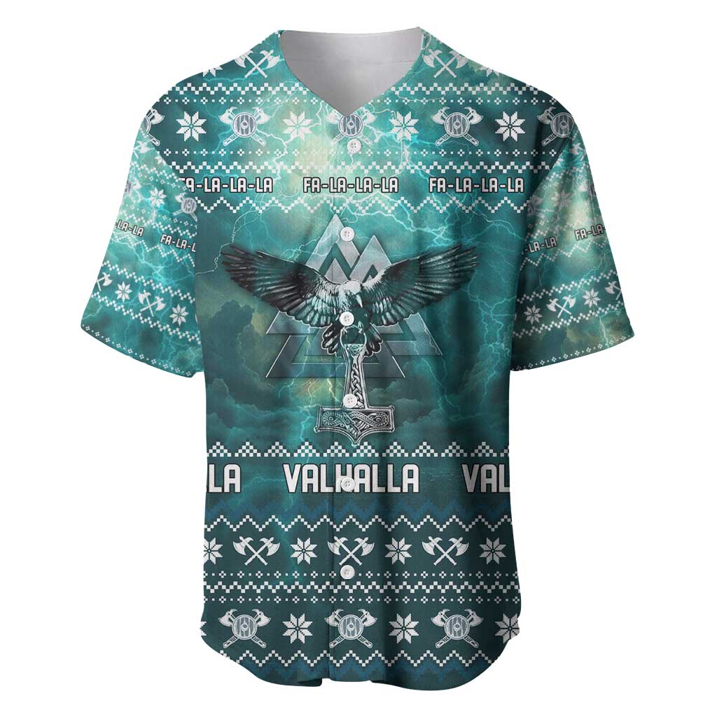 Viking Valhalla Christmas Baseball Jersey with Norse Symbols Raven and Fa La La La Design - Wonder Print Shop