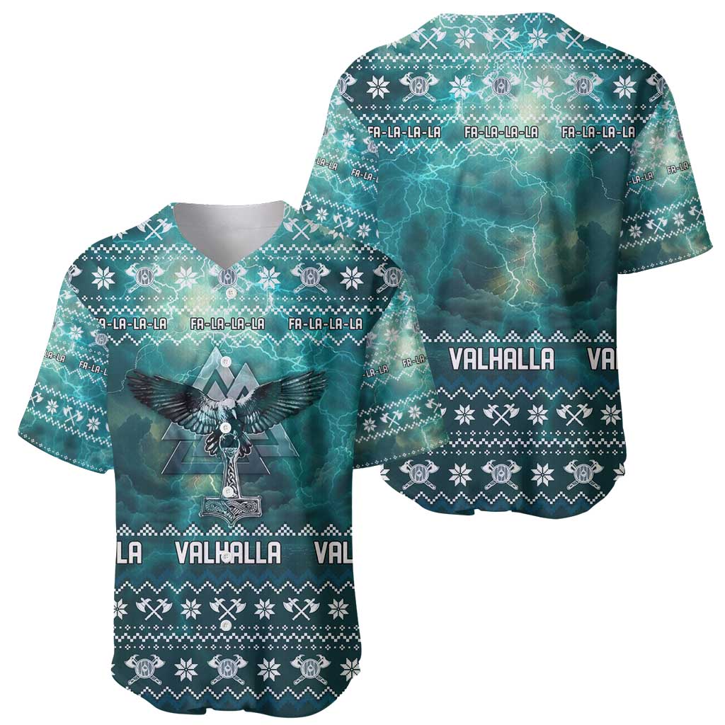 Viking Valhalla Christmas Baseball Jersey with Norse Symbols Raven and Fa La La La Design - Wonder Print Shop