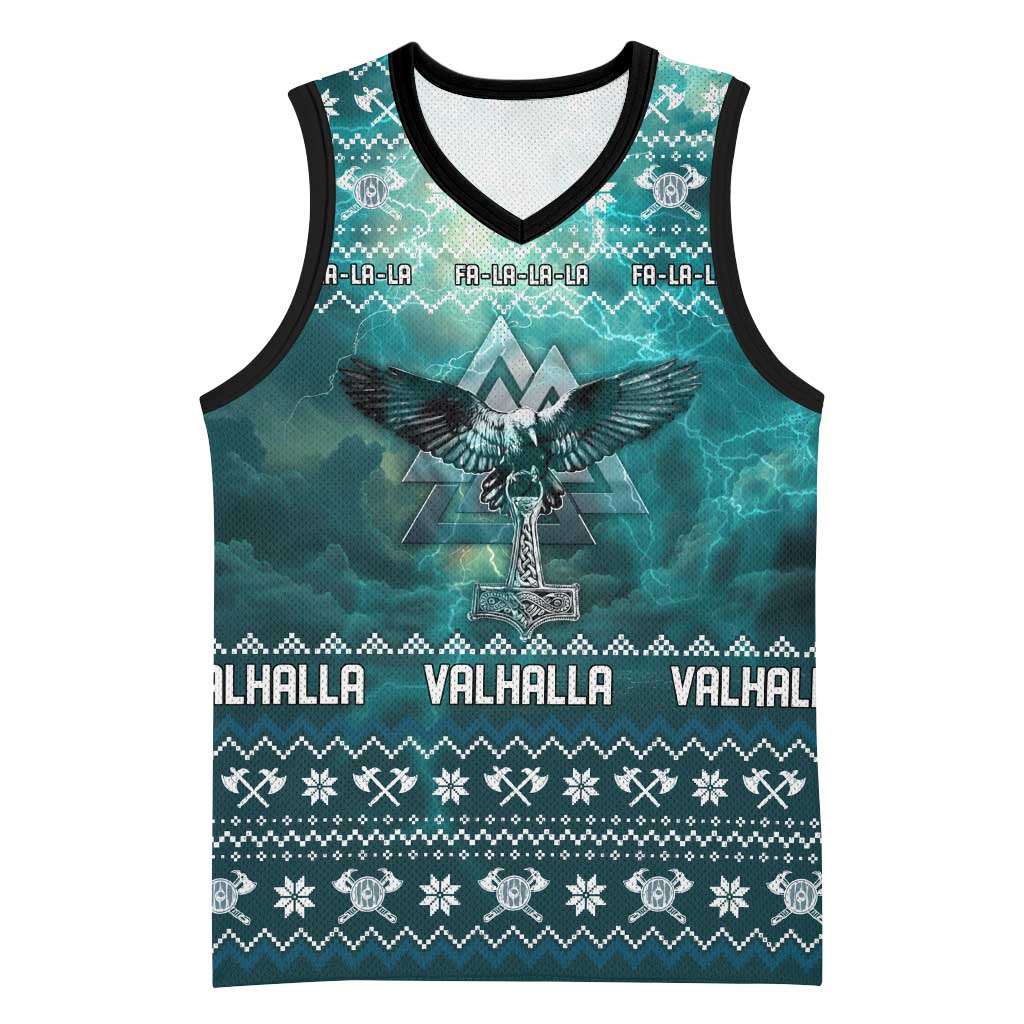 Viking Valhalla Christmas Basketball Jersey with Norse Symbols Raven and Fa La La La Design - Wonder Print Shop