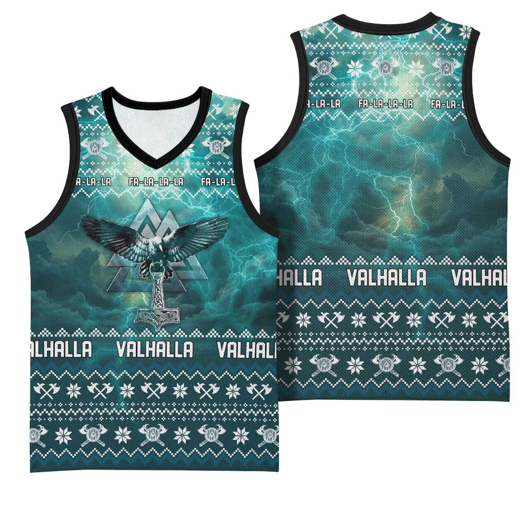 Viking Valhalla Christmas Basketball Jersey with Norse Symbols Raven and Fa La La La Design - Wonder Print Shop