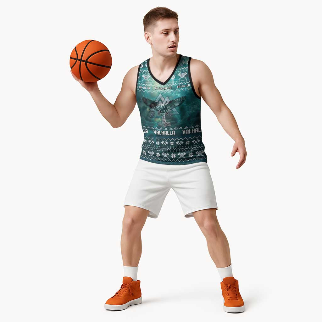 Viking Valhalla Christmas Basketball Jersey with Norse Symbols Raven and Fa La La La Design - Wonder Print Shop