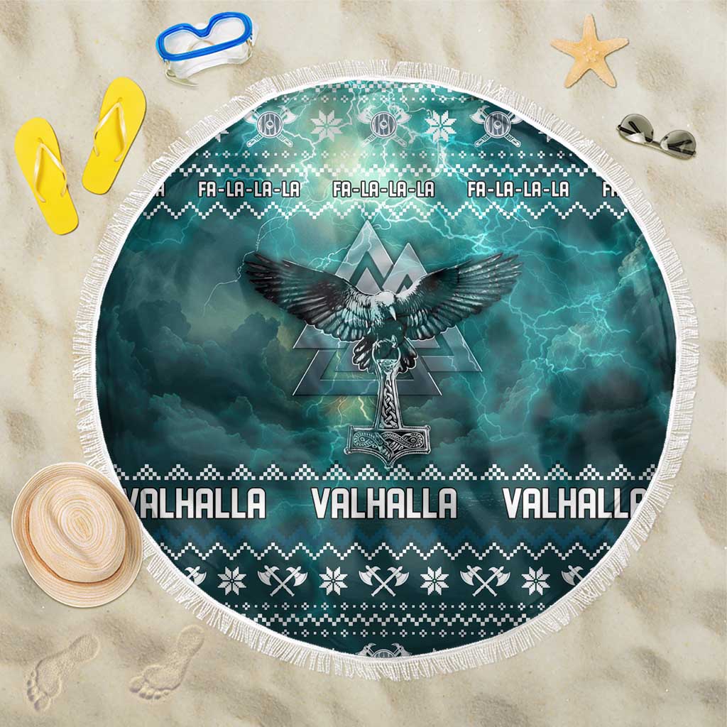 Viking Valhalla Christmas Beach Blanket with Norse Symbols Raven and Fa La La La Design - Wonder Print Shop
