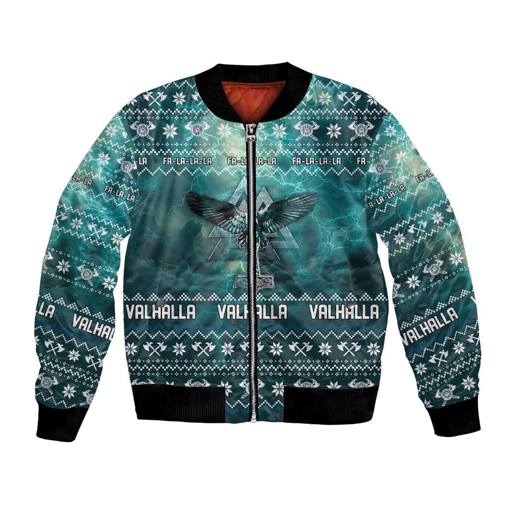 Viking Valhalla Christmas Bomber Jacket with Norse Symbols Raven and Fa La La La Design - Wonder Print Shop