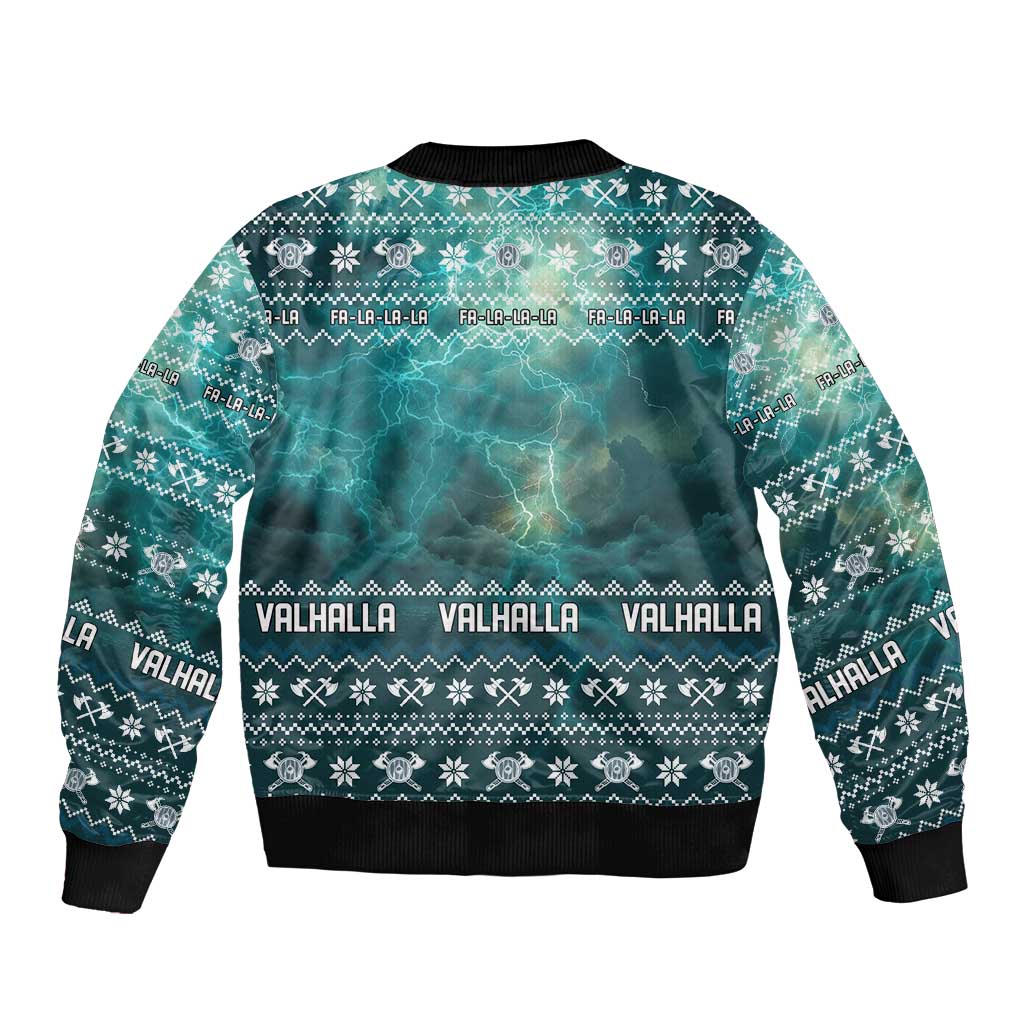 Viking Valhalla Christmas Bomber Jacket with Norse Symbols Raven and Fa La La La Design - Wonder Print Shop