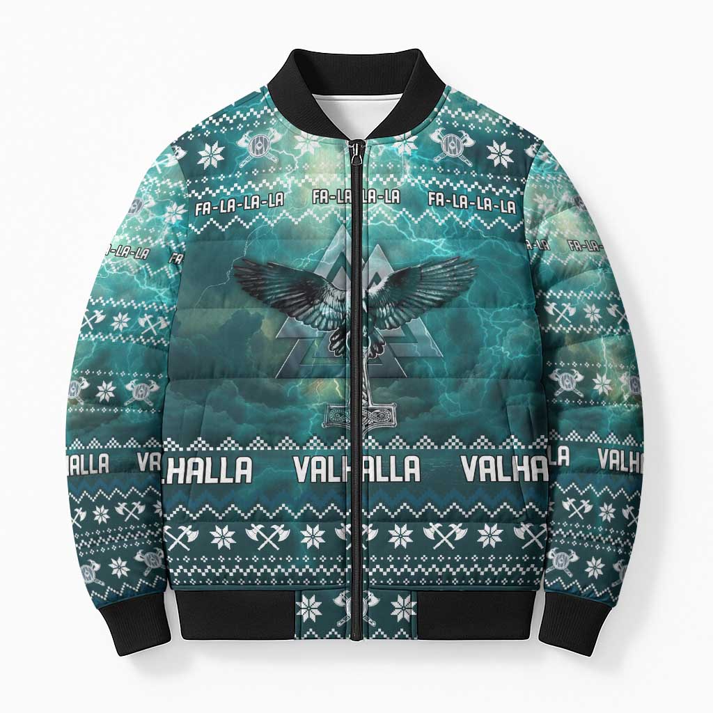 Viking Valhalla Christmas Bomber Puffer Jacket with Norse Symbols Raven and Fa La La La Design - Wonder Print Shop