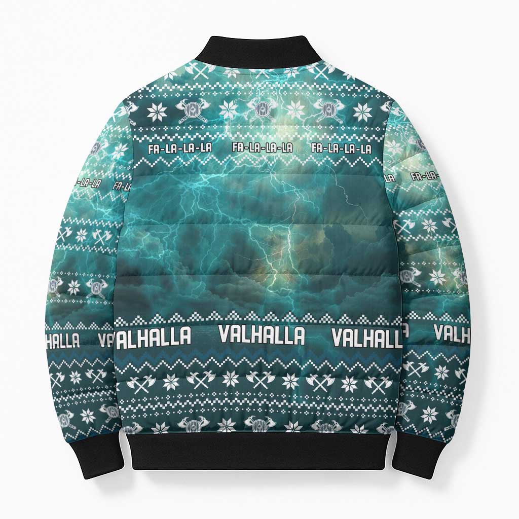 Viking Valhalla Christmas Bomber Puffer Jacket with Norse Symbols Raven and Fa La La La Design - Wonder Print Shop