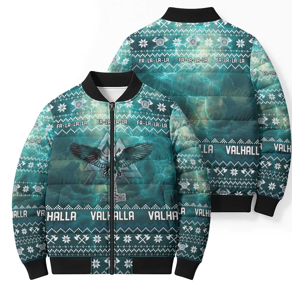 Viking Valhalla Christmas Bomber Puffer Jacket with Norse Symbols Raven and Fa La La La Design - Wonder Print Shop