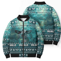 Viking Valhalla Christmas Bomber Puffer Jacket with Norse Symbols Raven and Fa La La La Design - Wonder Print Shop