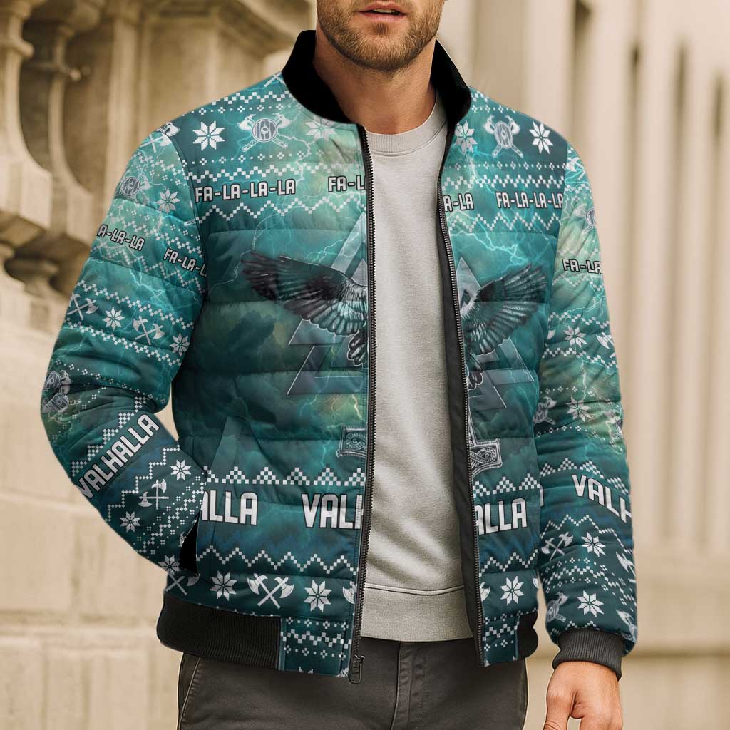 Viking Valhalla Christmas Bomber Puffer Jacket with Norse Symbols Raven and Fa La La La Design - Wonder Print Shop