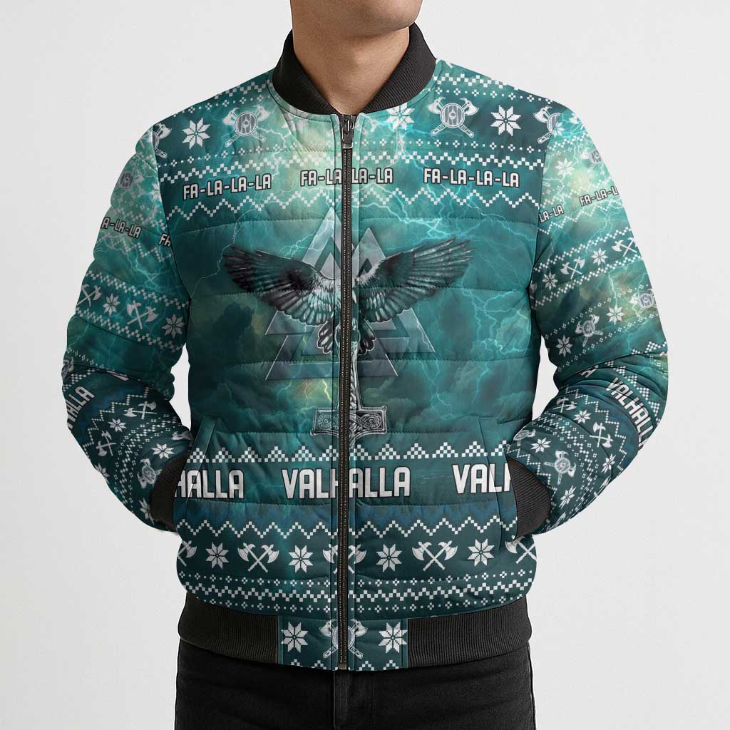 Viking Valhalla Christmas Bomber Puffer Jacket with Norse Symbols Raven and Fa La La La Design - Wonder Print Shop