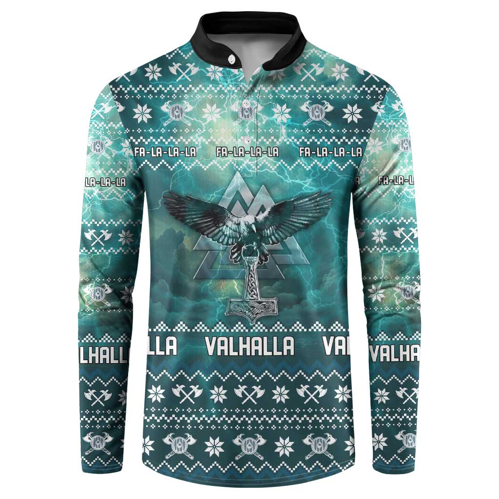 Viking Valhalla Christmas Button Sweatshirt with Norse Symbols Raven and Fa La La La Design - Wonder Print Shop