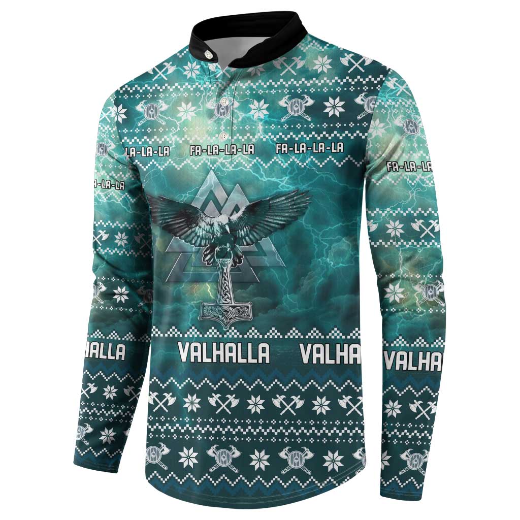 Viking Valhalla Christmas Button Sweatshirt with Norse Symbols Raven and Fa La La La Design - Wonder Print Shop