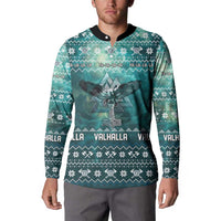 Viking Valhalla Christmas Button Sweatshirt with Norse Symbols Raven and Fa La La La Design - Wonder Print Shop