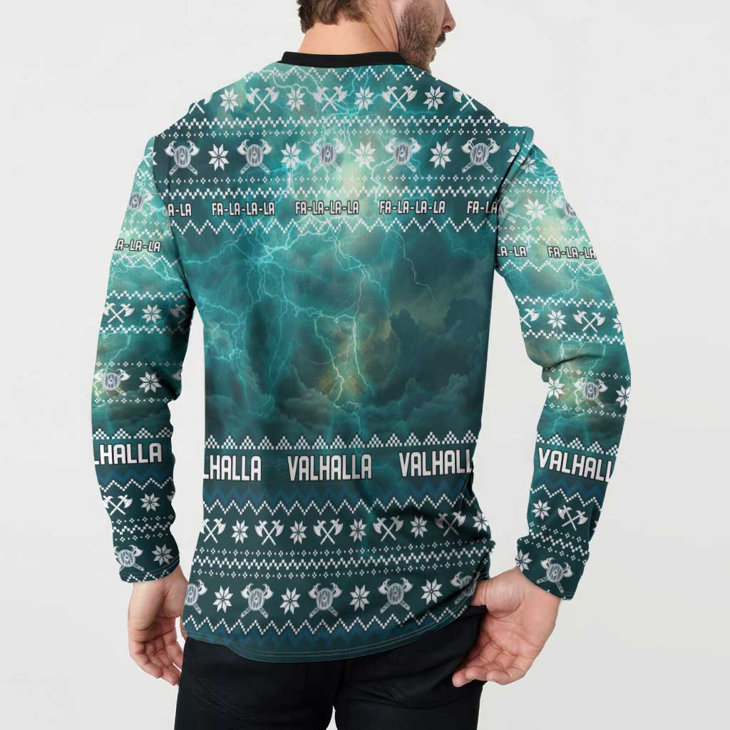 Viking Valhalla Christmas Button Sweatshirt with Norse Symbols Raven and Fa La La La Design - Wonder Print Shop