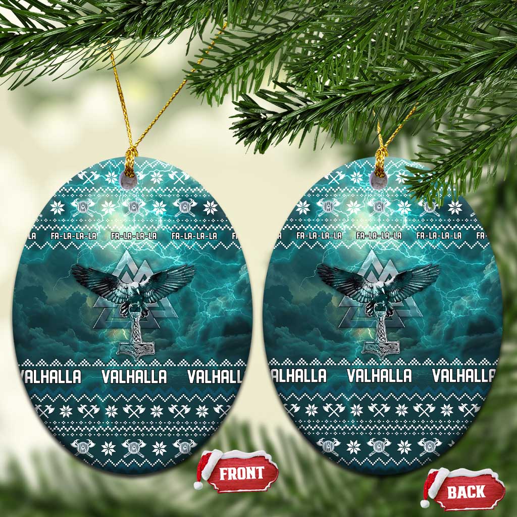 Viking Valhalla Christmas Ceramic Ornament with Norse Symbols Raven and Fa La La La Design - Wonder Print Shop