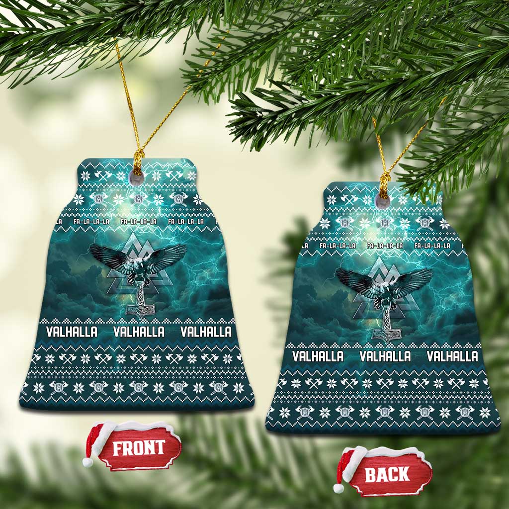 Viking Valhalla Christmas Ceramic Ornament with Norse Symbols Raven and Fa La La La Design - Wonder Print Shop